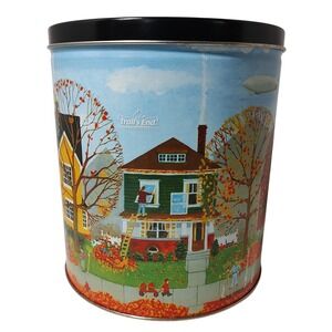 Vintage Trails End Autumn Tin Canister Fall Leaves and Houses Neighborhood Round